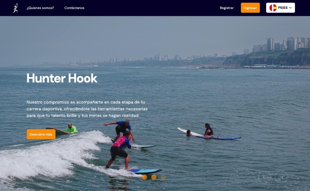 Hunter Hook public portal: navigation bar, hero with sports photography and “Discover more” call to action